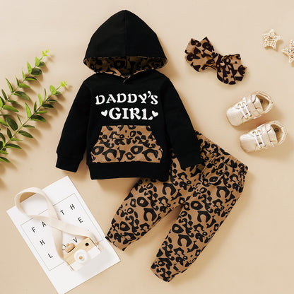 Kids Baby Clothes Letter Print Hooded Leopard-print Trousers