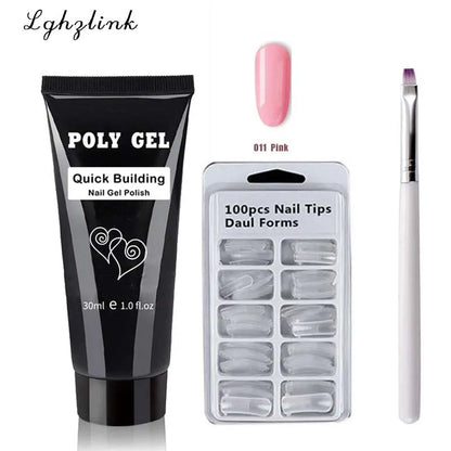 French Nail Art Poly Gel Kit with UV Brush and Nail Tips