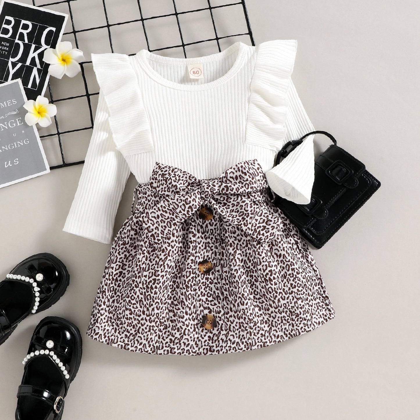 Girls' Autumn Winter Ruffled Long Sleeve Leopard Print Short Skirt Two-piece Set Little Kids' Suit