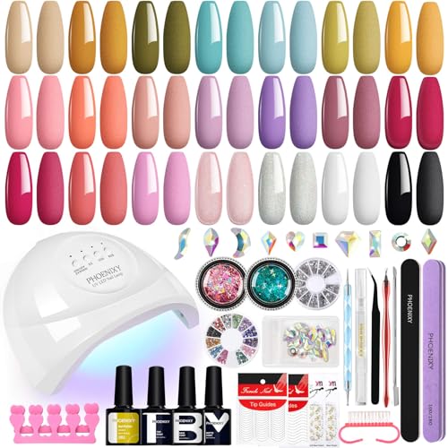 Gel Nail Polish Set, Phoenixy 42 Effect Gel Nail Starter Kit with Nail Lamp Kit Complete 8ml 21 Colours Varnish Gel Polish Full Set Professional Salon Nail Kit GIFT Set