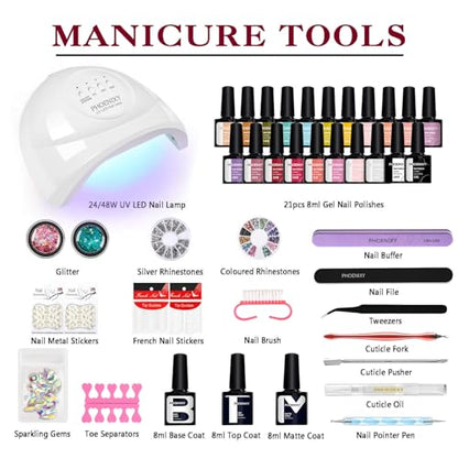 Gel Nail Polish Set, Phoenixy 42 Effect Gel Nail Starter Kit with Nail Lamp Kit Complete 8ml 21 Colours Varnish Gel Polish Full Set Professional Salon Nail Kit GIFT Set