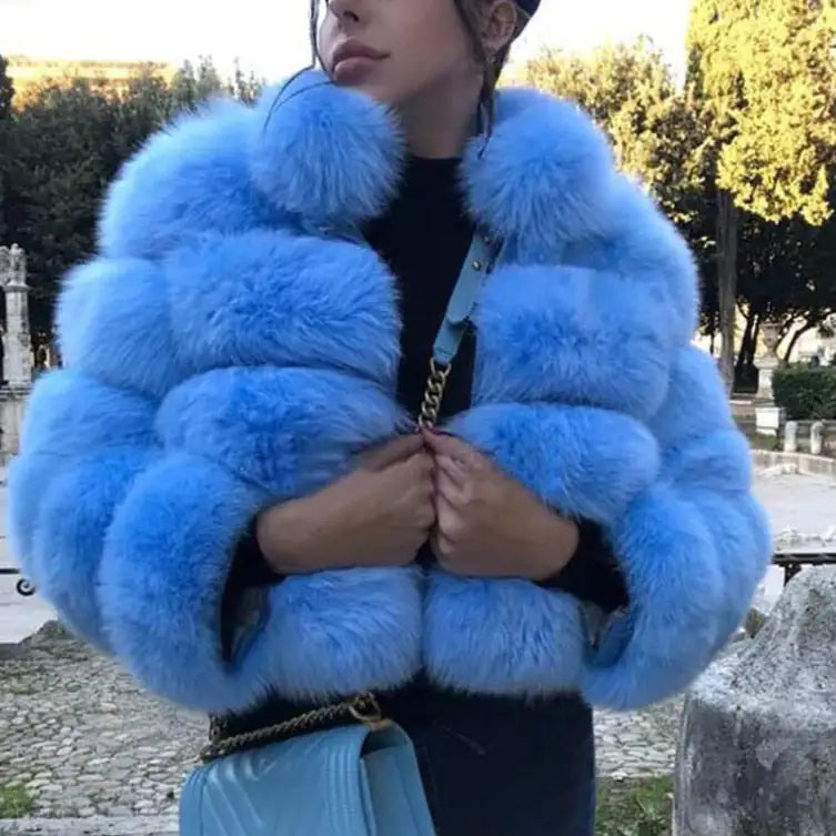 Women Genuine Faux Fur Jackets With Fur Collar Overcoats