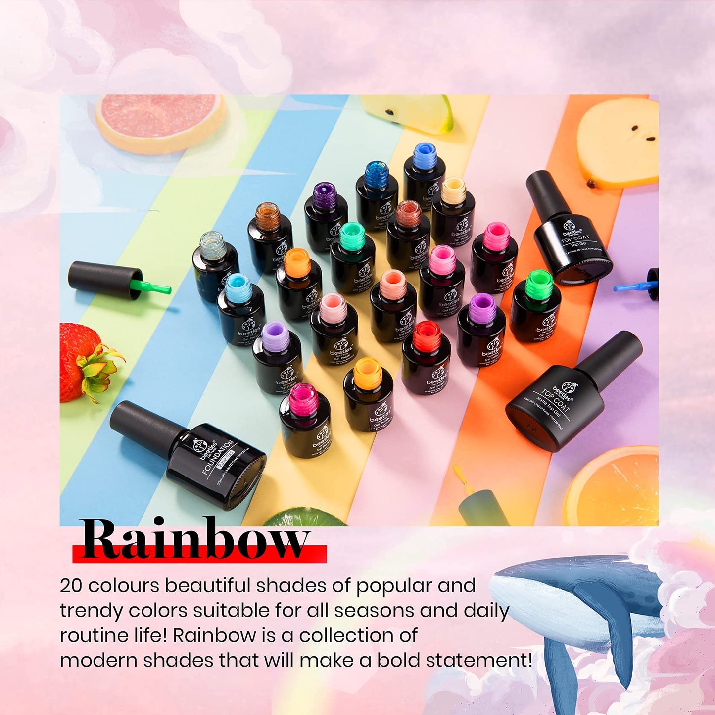 Gel Polish Nail Set 23 Pcs 20 Colors Rainbow Collection Glitter Nude Manicure Kit with 3Pcs Base & Top Coat Uv Lamp Needed GIFT Set for Women