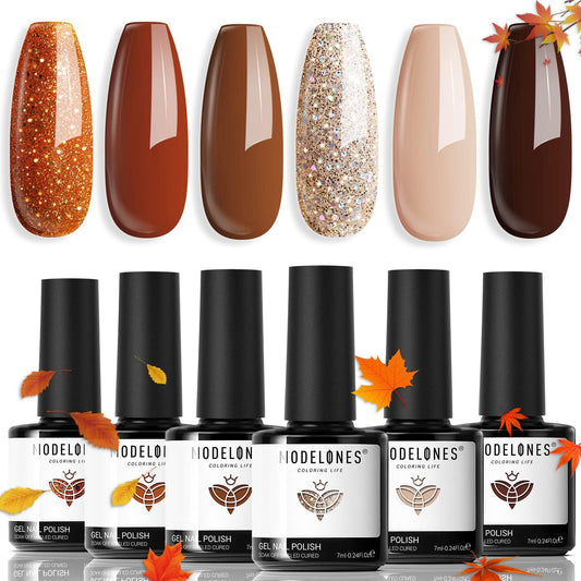 Gel Nail Polish Set, 6 Colors Nude Brown Gel Polish Fall Soak Off Glitter Nail Gel Manicure Salon and Home Perfect GIFT