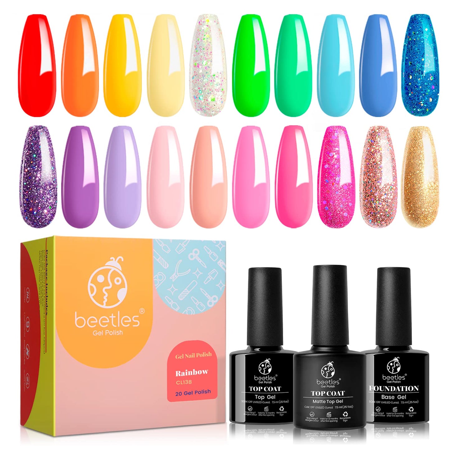 Gel Polish Nail Set 23 Pcs 20 Colors Rainbow Collection Glitter Nude Manicure Kit with 3Pcs Base & Top Coat Uv Lamp Needed GIFT Set for Women