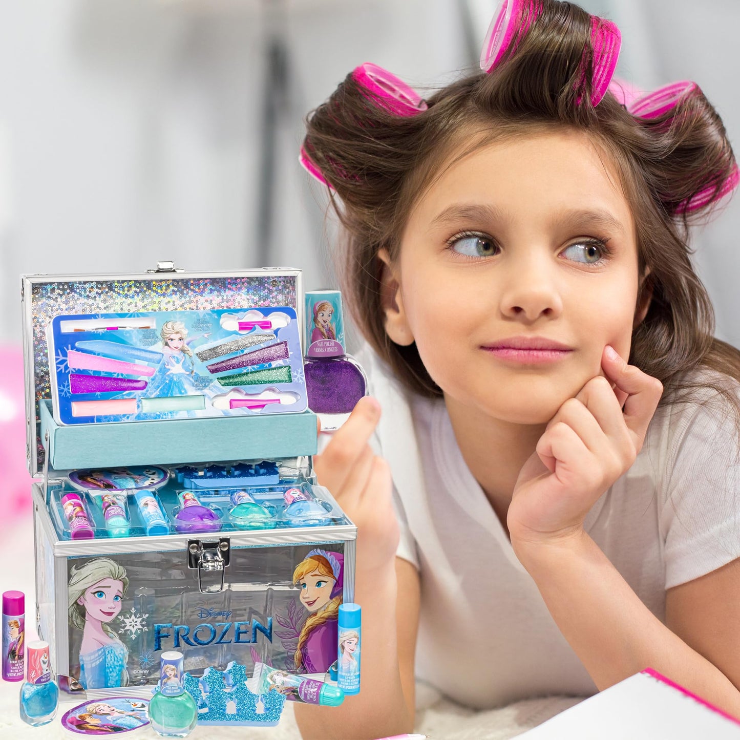 Disney Frozen Train Case Makeup Set for Kids | Makeup Kit Includes Lip Gloss, Nail Polish, Accessories & more | Gifts for Ages 3+ by Townley Girl