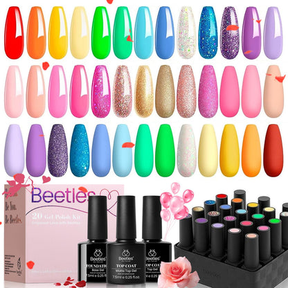 Gel Polish Nail Set 23 Pcs 20 Colors Rainbow Collection Glitter Nude Manicure Kit with 3Pcs Base & Top Coat Uv Lamp Needed GIFT Set for Women