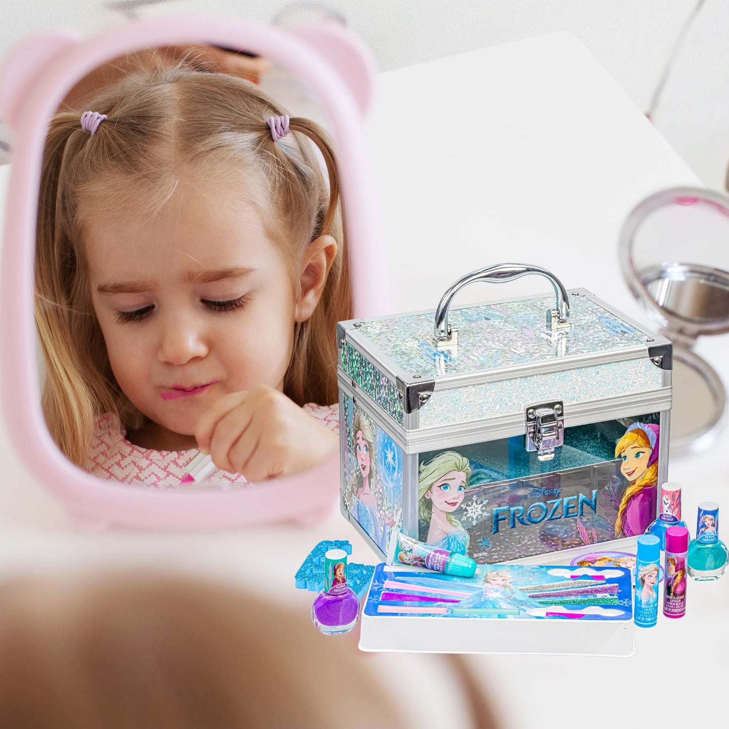 Disney Frozen Train Case Makeup Set for Kids | Makeup Kit Includes Lip Gloss, Nail Polish, Accessories & more | Gifts for Ages 3+ by Townley Girl