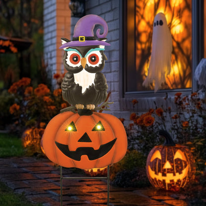 TERESA'S COLLECTIONS Halloween Pumpkin Decorations Outdoor, Metal Owl & Pumpkin Garden Stake with Solar Lights, Garden Ornaments Outdoor for Halloween