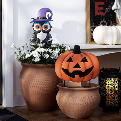 TERESA'S COLLECTIONS Halloween Pumpkin Decorations Outdoor, Metal Owl & Pumpkin Garden Stake with Solar Lights, Garden Ornaments Outdoor for Halloween