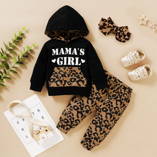 Kids Baby Clothes Letter Print Hooded Leopard-print Trousers