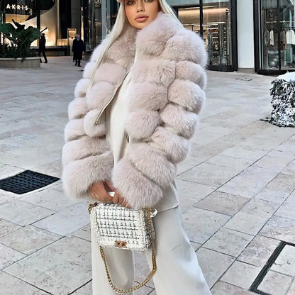 Women Genuine Faux Fur Jackets With Fur Collar Overcoats