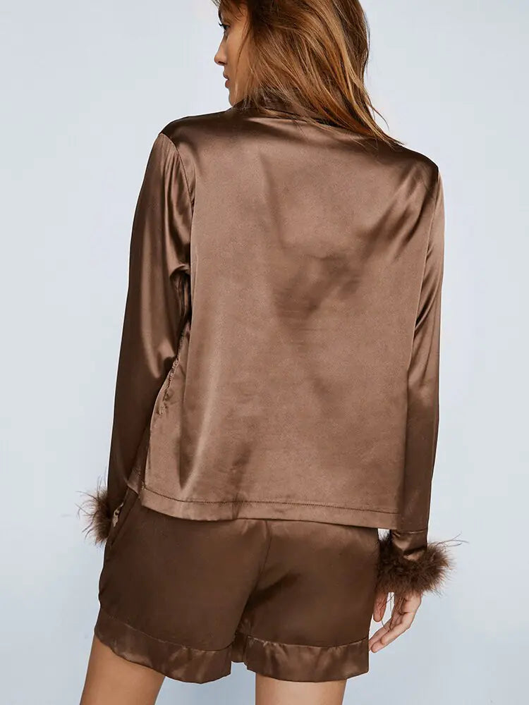 Linad Feathers Pyjamas For Women 2 Piece Sets Brown Long Sleeve