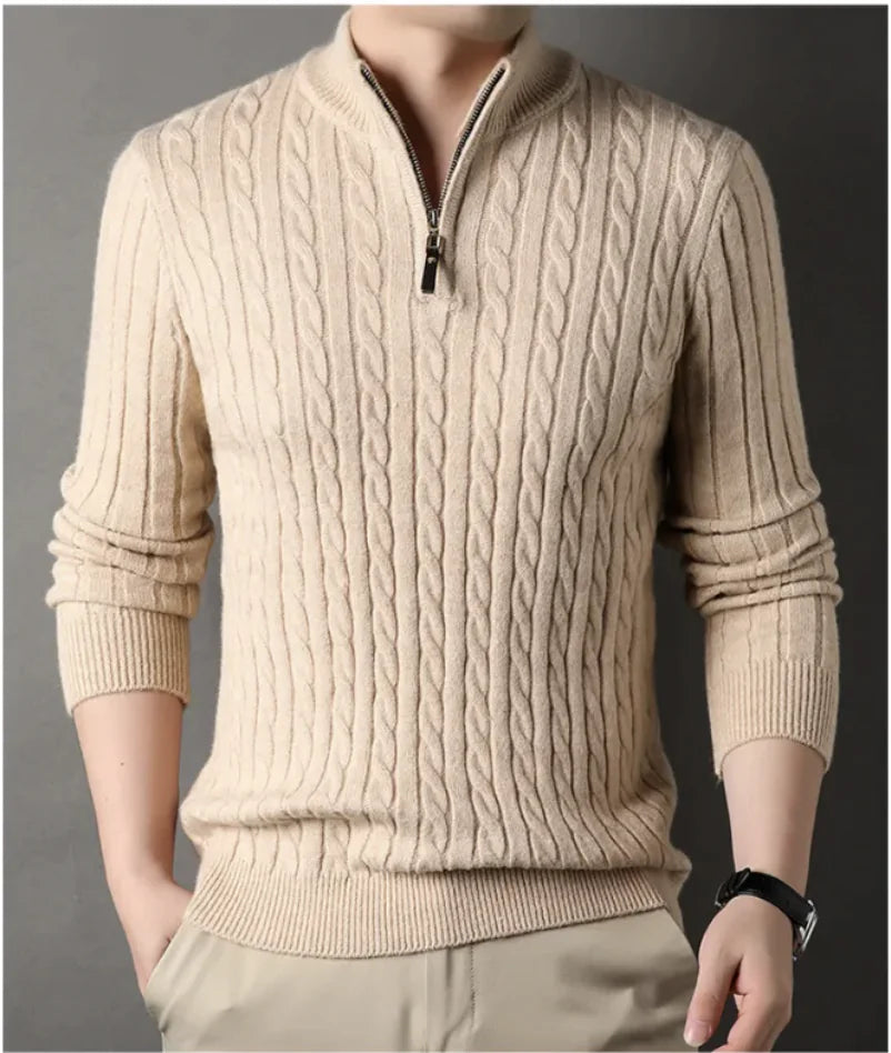 New Men's Solid Color Half Zipper Thick Sweater