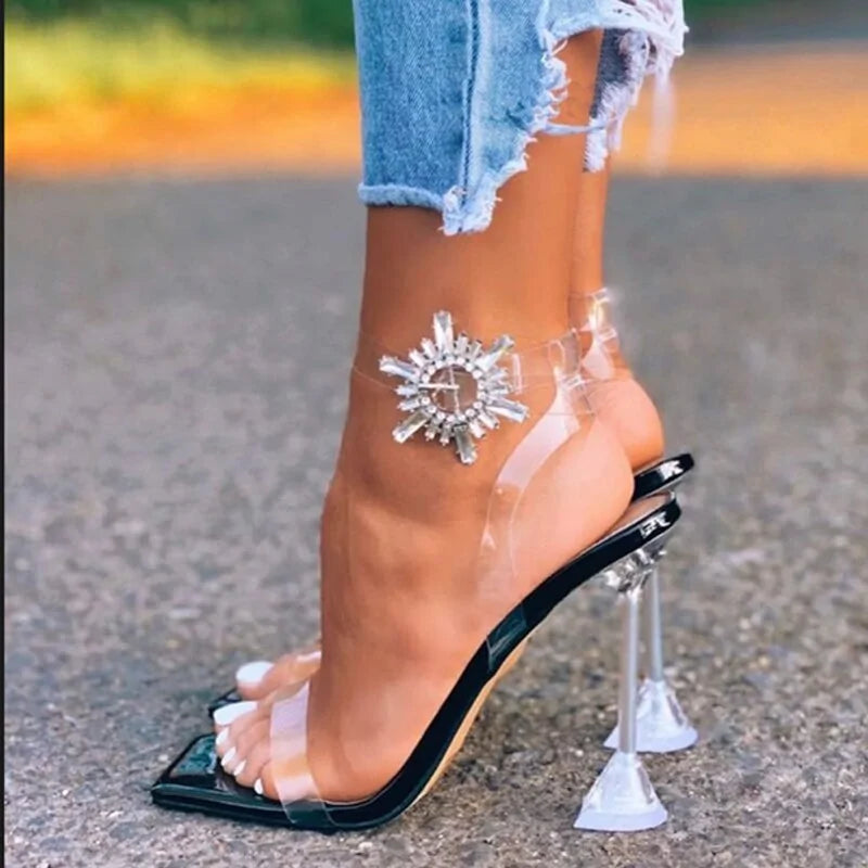 Transparent Open Toe High Heel with Rhinestone Crystal