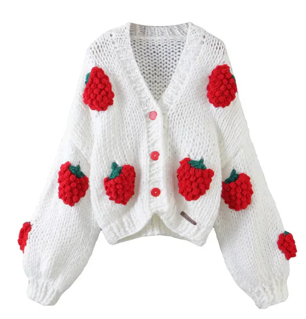 Handmade Crochet Cardigan Sweater Women Fruit Jacquard Embroidery