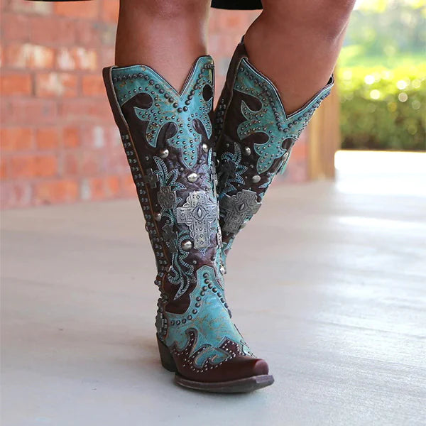 Chic Embroidered Lace-Up Mid-Calf Boots with Bold Thick Heels for Women