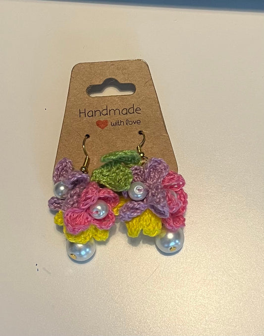 Yellow Purple Pink Micro Crochet Flowers Earrings