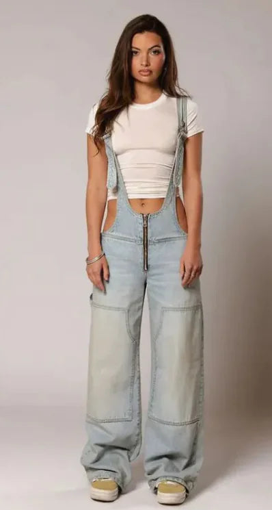 Women Denim Overalls Pants - Loose Fit Jumpsuit for Women, Streetwear Style