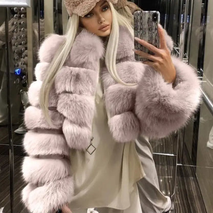 Women Genuine Faux Fur Jackets With Fur Collar Overcoats