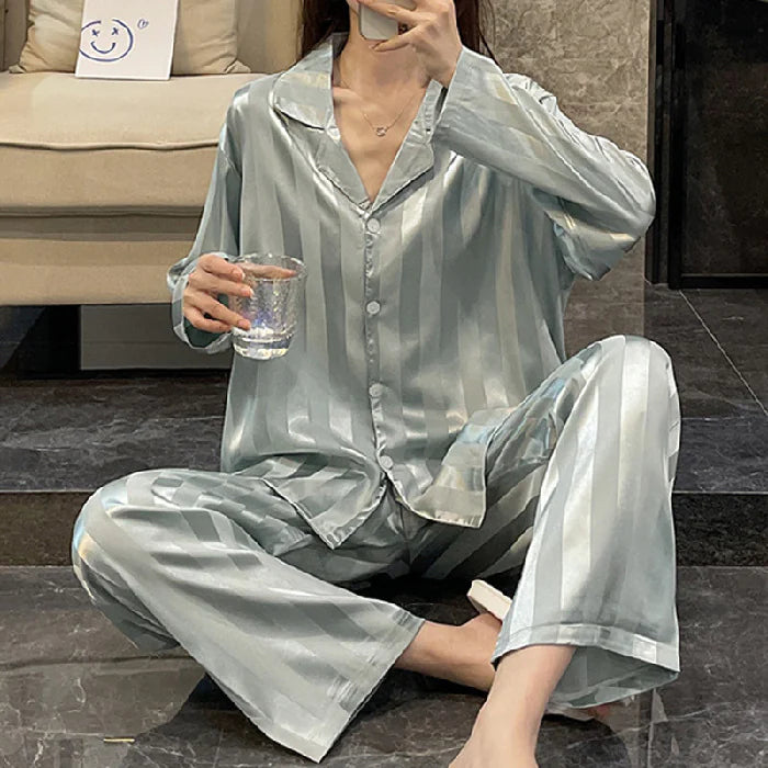 Silk Striped Pyjama Set for Women Sleepwear