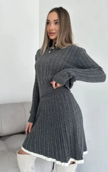 Long Sleeve Knitted Button Sweater Dress Suit Women