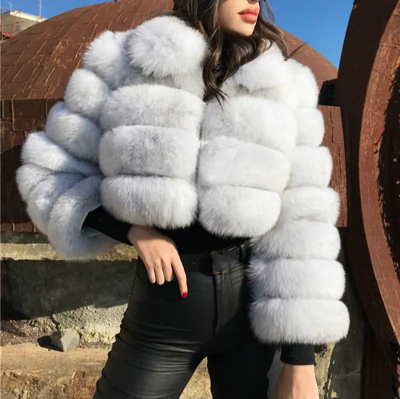 Women Genuine Faux Fur Jackets With Fur Collar Overcoats