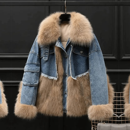 Faux Fur Denim Women Coat