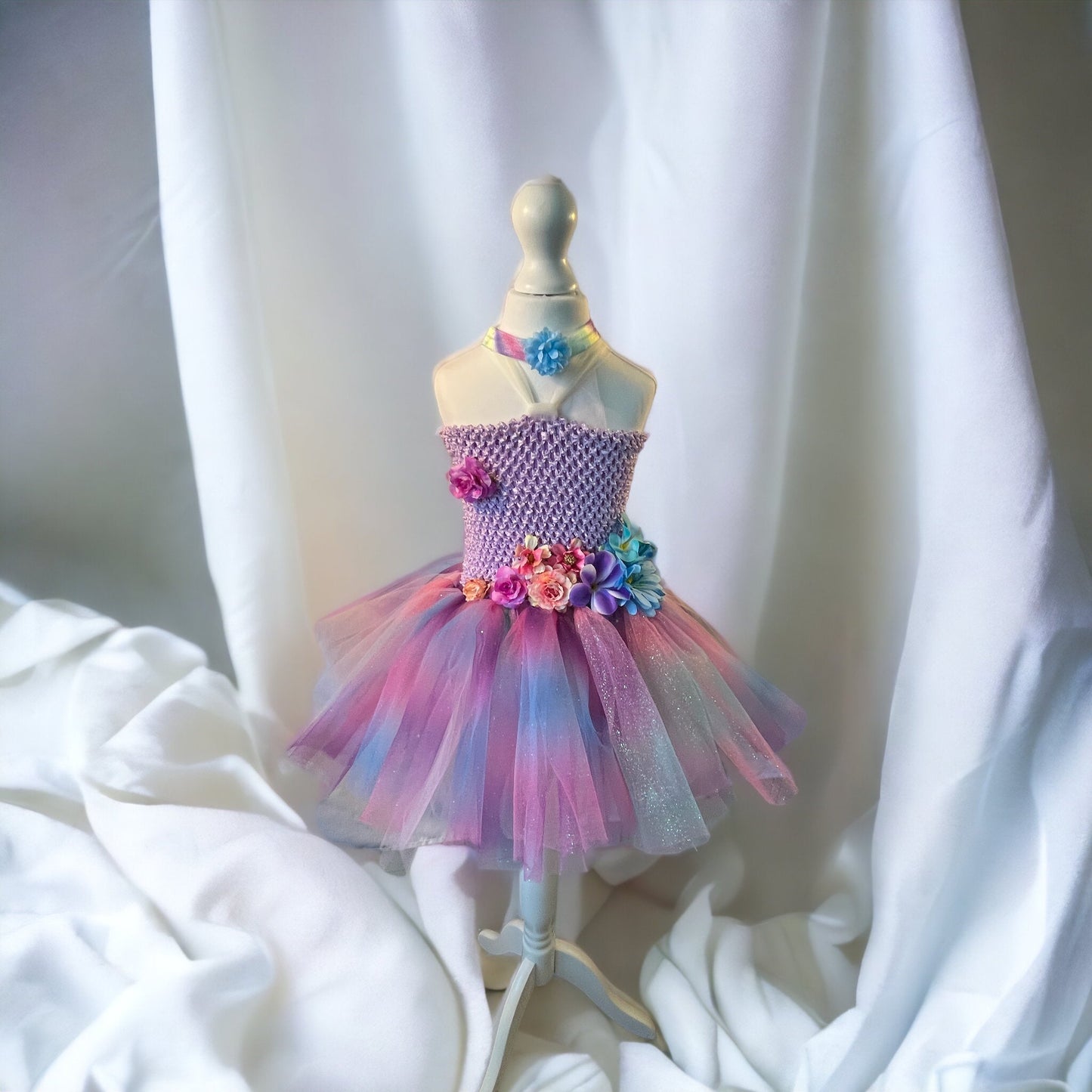 Tutu Dress Tulle & Crochet Dress Up Costume. Glitter Birthday Party with Matching Hairband