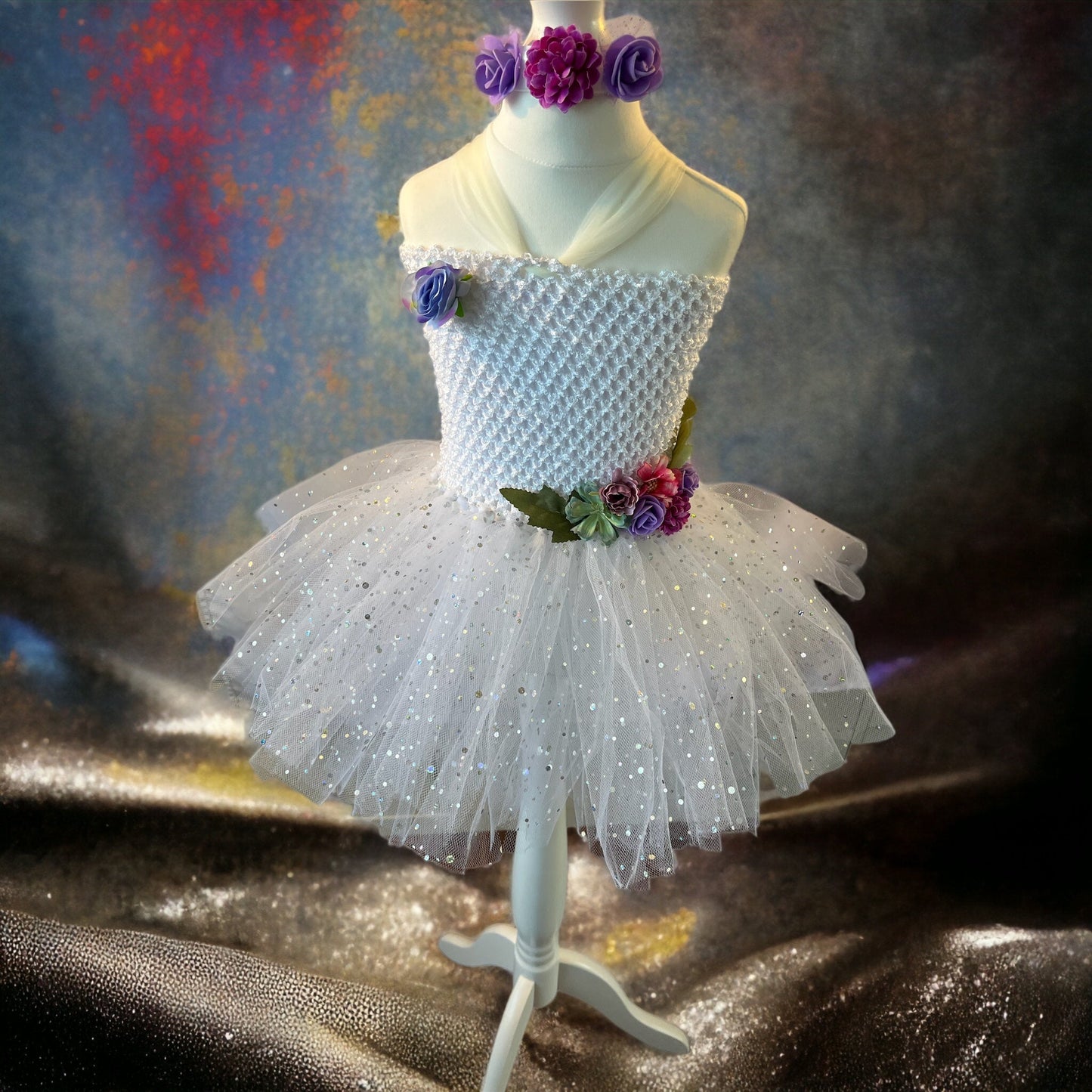 Tutu Dress Tulle & Crochet Dress Up Costume. Glitter Birthday Party with Matching Hairband