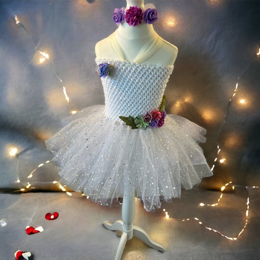 Tutu Dress Tulle & Crochet Dress Up Costume. Glitter Birthday Party with Matching Hairband