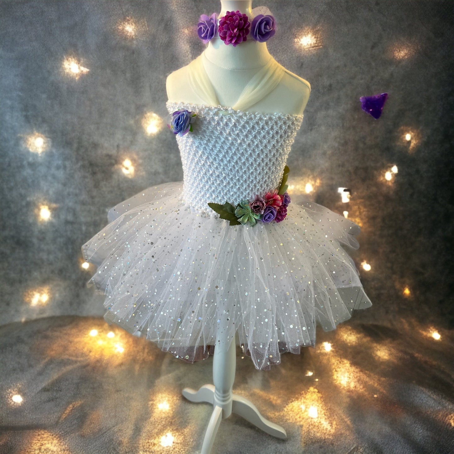 Tutu Dress Tulle & Crochet Dress Up Costume. Glitter Birthday Party with Matching Hairband