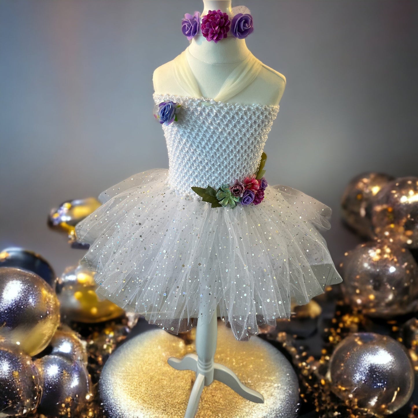 Tutu Dress Tulle & Crochet Dress Up Costume. Glitter Birthday Party with Matching Hairband