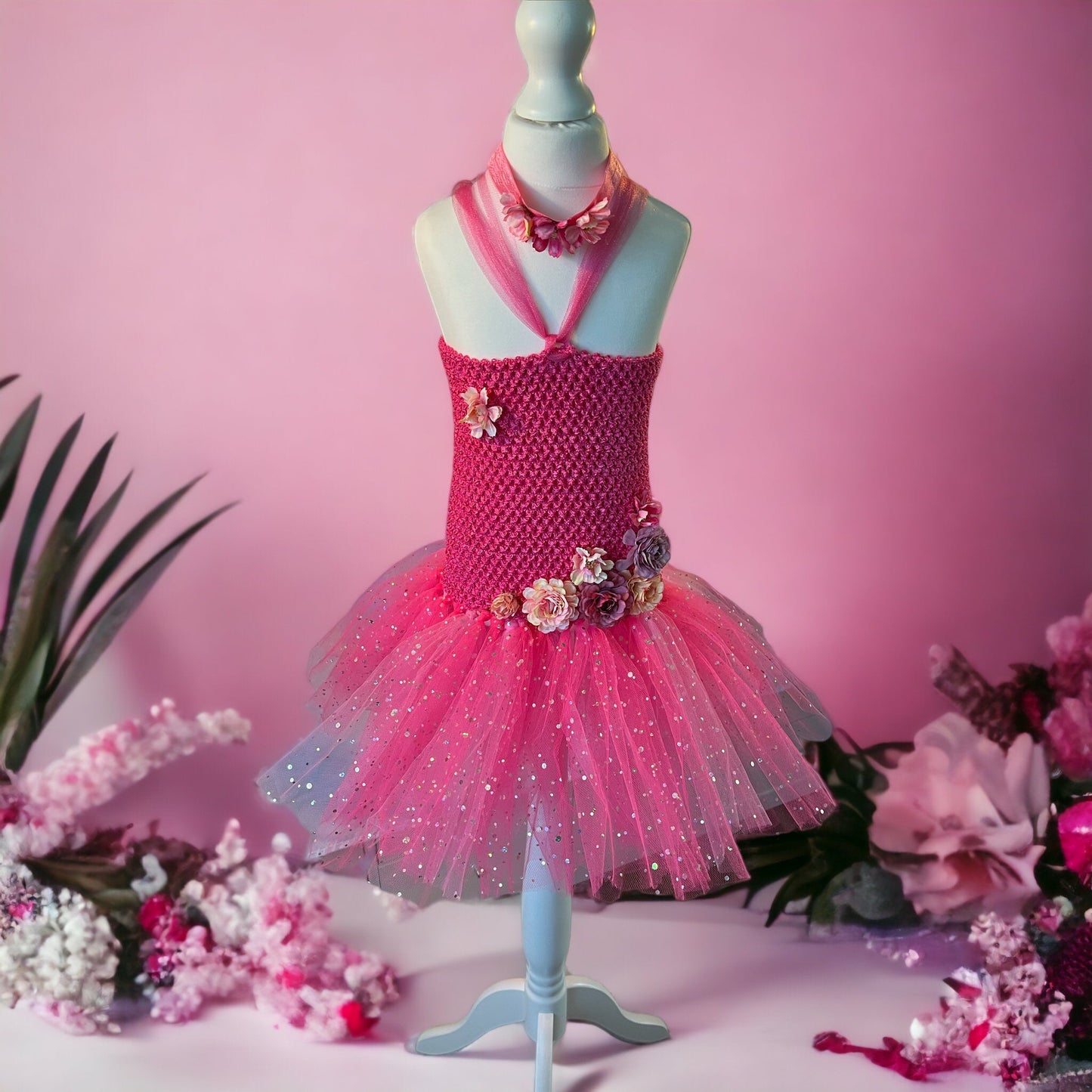 Tutu Dress Tulle & Crochet Dress Up Costume. Glitter Birthday Party with Matching Hairband