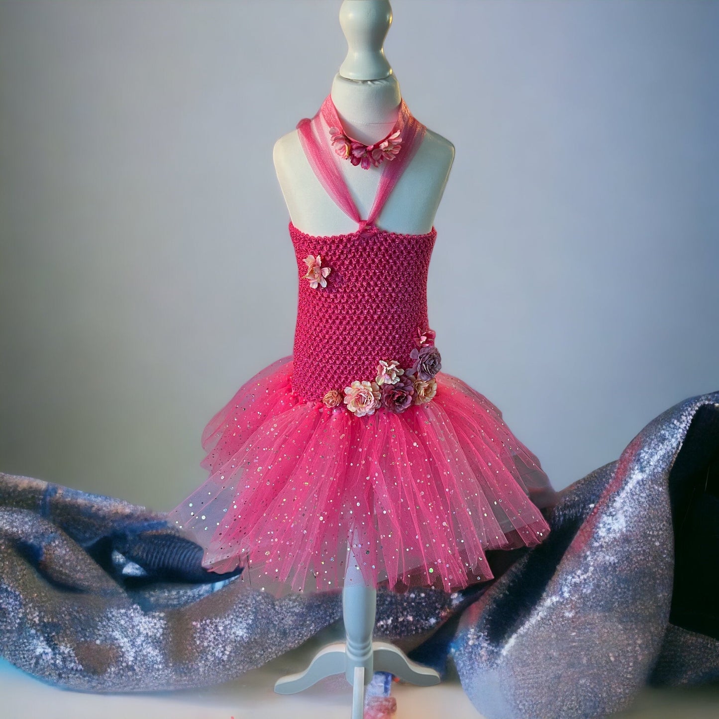 Tutu Dress Tulle & Crochet Dress Up Costume. Glitter Birthday Party with Matching Hairband