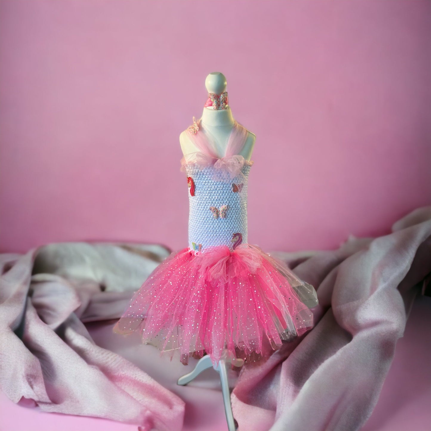 Tutu Dress Tulle & Crochet Dress Up Costume. Glitter Birthday Party with Matching Hairband