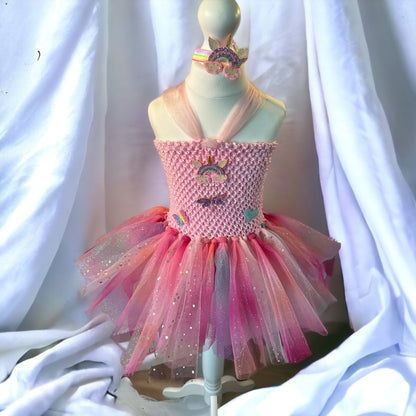 Tutu Dress Tulle & Crochet Dress Up Costume. Glitter Birthday Party with Matching Hairband