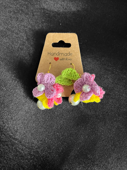 Yellow Purple Pink Micro Crochet Flowers Earrings