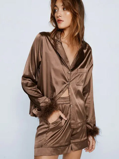 Linad Feathers Pyjamas For Women 2 Piece Sets Brown Long Sleeve