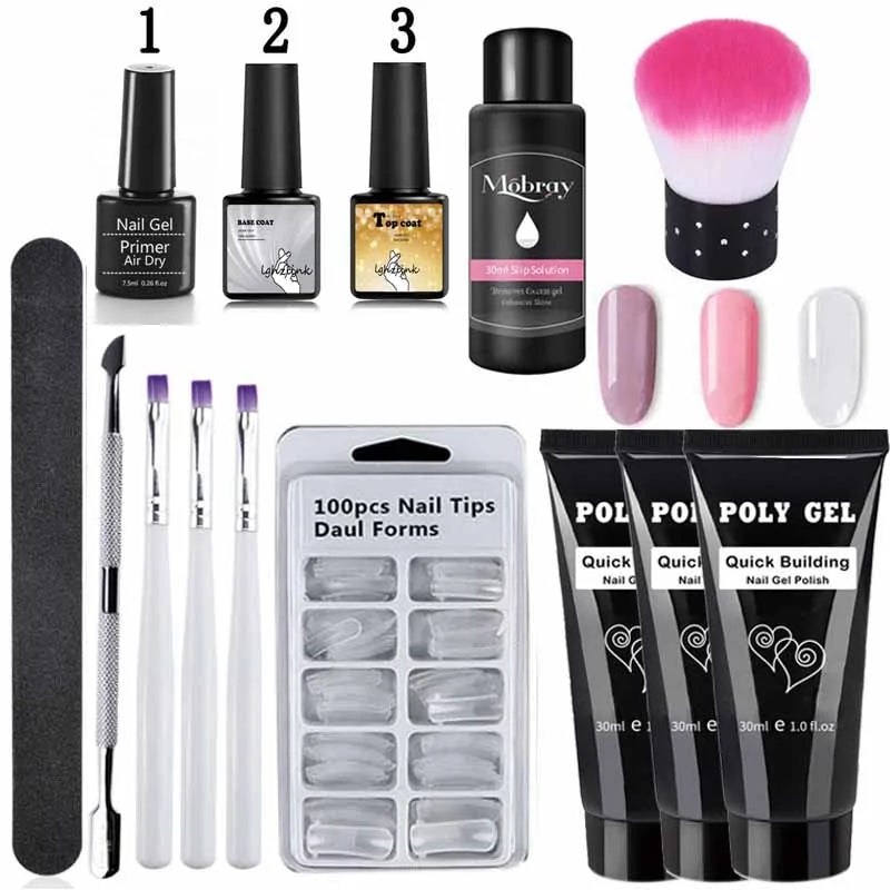 French Nail Art Poly Gel Kit with UV Brush and Nail Tips