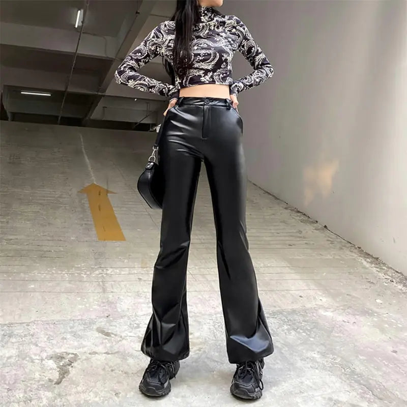 Women Vintage Shiny Black Faux Leather Pants