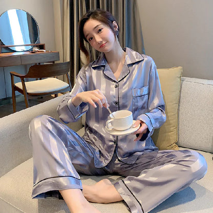 Silk Striped Pyjama Set for Women Sleepwear