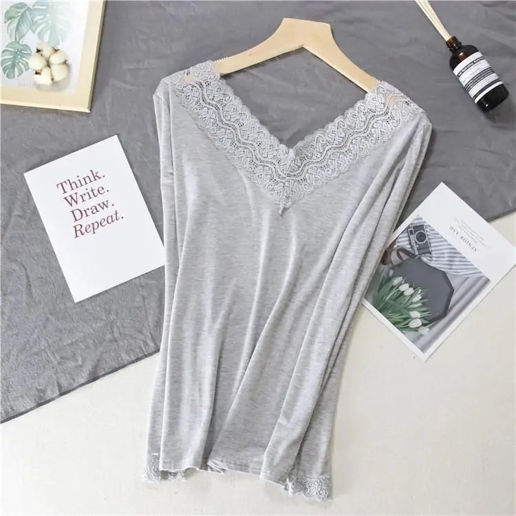 Women Lace V-neck Long-sleeved Thermal  Slim Warm Top