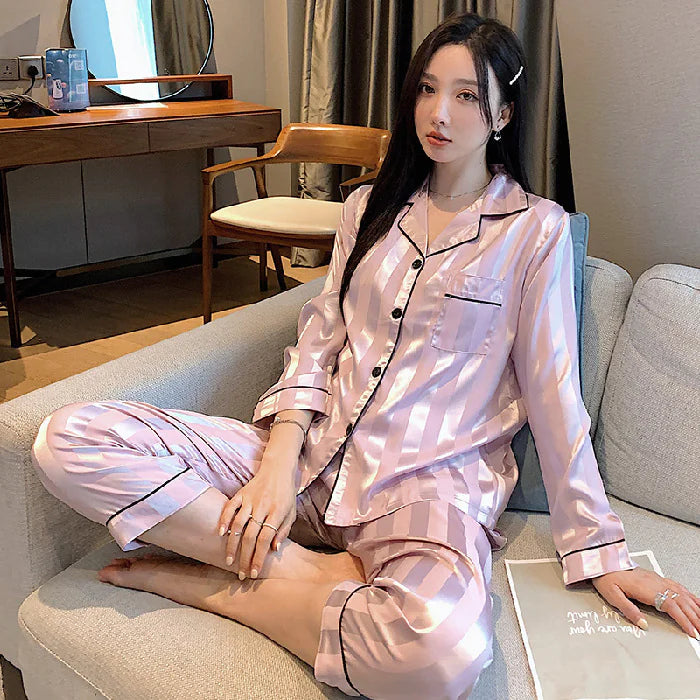 Silk Striped Pyjama Set for Women Sleepwear