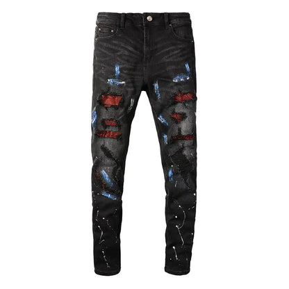 Crystal Stretch Denim Skinny Jeans Men's Trousers