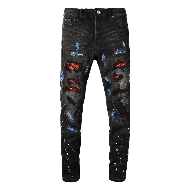 Crystal Stretch Denim Skinny Jeans Men's Trousers