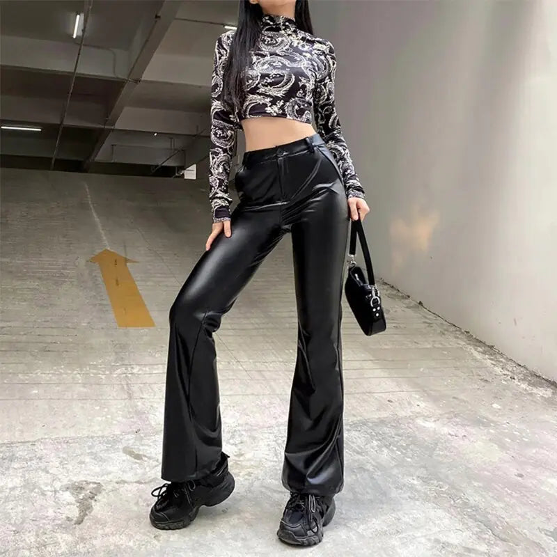 Women Vintage Shiny Black Faux Leather Pants