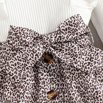 Girls' Autumn Winter Ruffled Long Sleeve Leopard Print Short Skirt Two-piece Set Little Kids' Suit