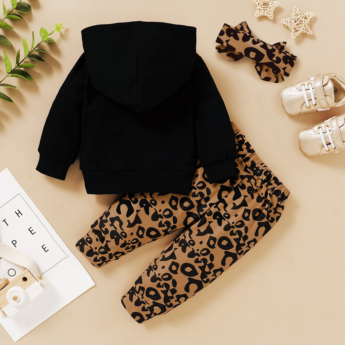 Kids Baby Clothes Letter Print Hooded Leopard-print Trousers