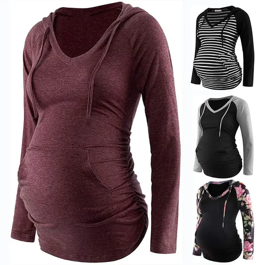 Women Maternity Pregnancy Hoodies Striped V-Neck